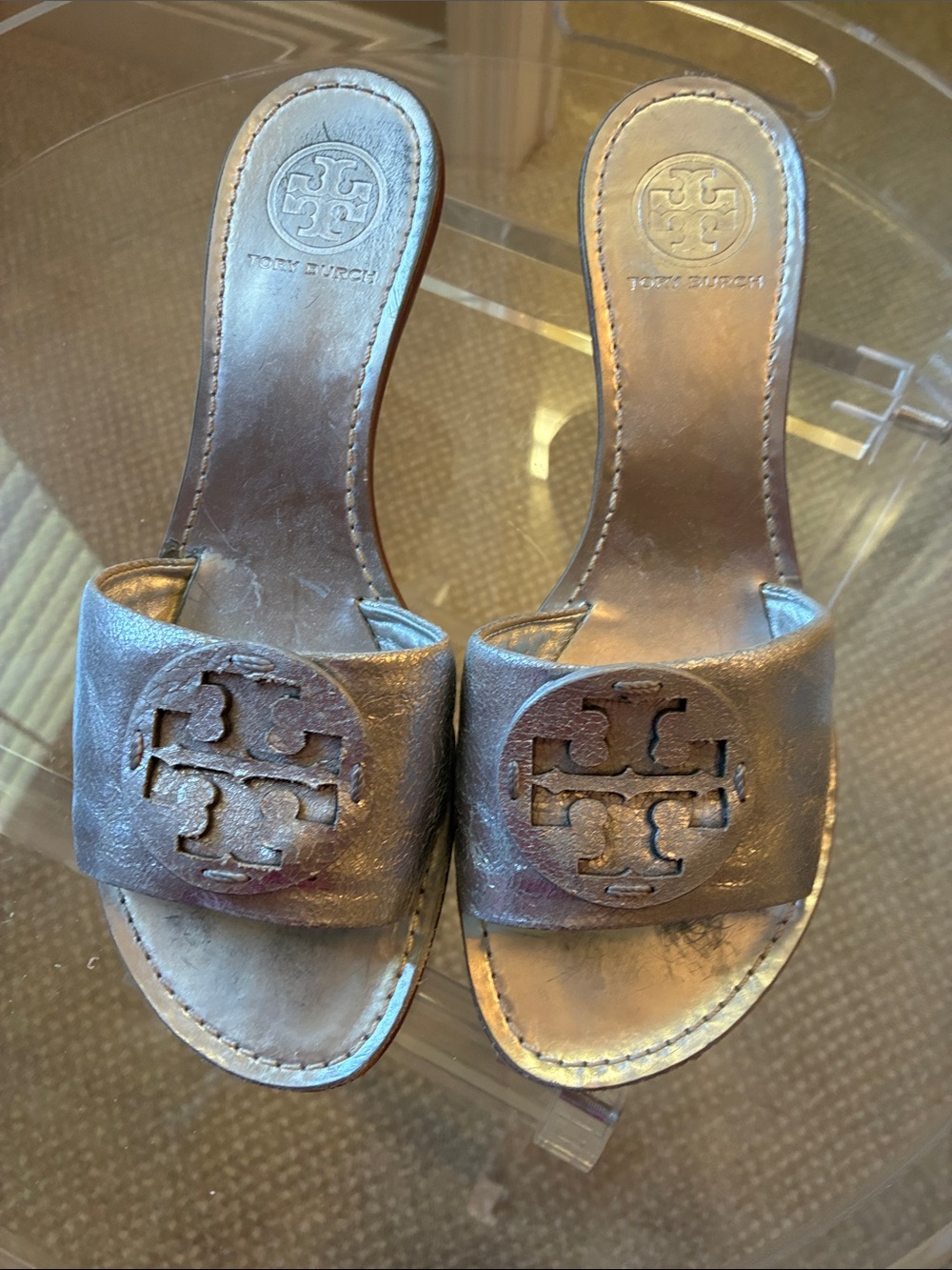 Tory Burch Metallic Bronze Leather Slide Mules